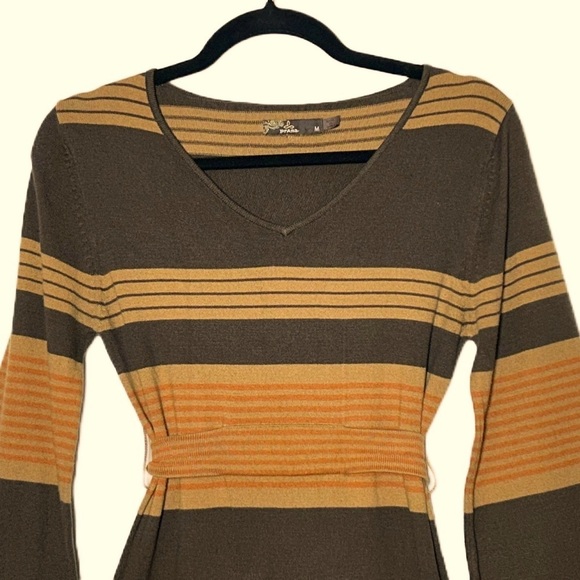 PrAna Sydney Sweater Dress with V-Neck & Tie Belt in Brown, Tan, & Orange, M - Picture 6 of 15
